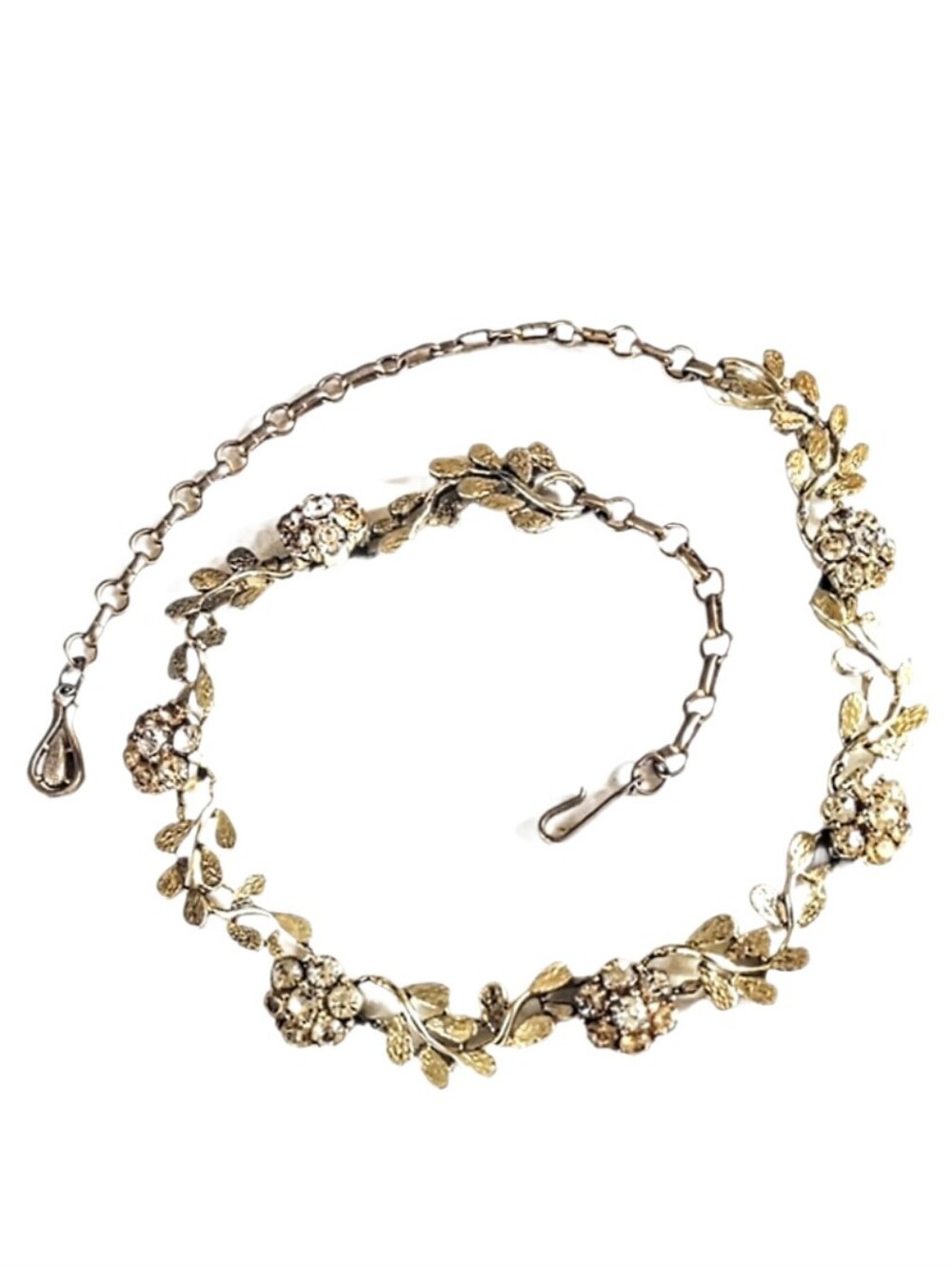 💛 Vintage Designer Coro Signed Gold Rhinestone Flower Link Choker Necklace